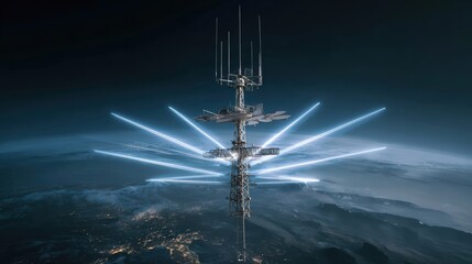 Obraz premium A futuristic communication tower emits bright beams of light above Earth at night, symbolizing advanced global connectivity and technology.