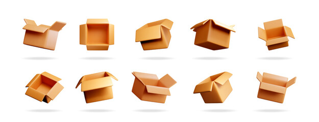 Set of 3d rendering open cardboard delivery box. Parcel for shipping mockup. Empty brown carton package for post or present on white background.