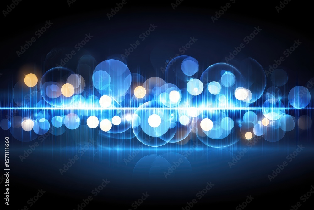 Poster abstract digital background of glowing circles and sound waves. dark blue with glowing light blue an