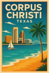 Vintage travel artwork showing the Corpus Christi Texas skyline with tall buildings, a sailboat on the bay, and a palm tree along a sandy shoreline