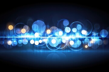 Abstract digital background of glowing circles and sound waves.  Dark blue with glowing light blue and white circles, bokeh effect.  Horizontal band of sound waves.  Reflective surface at bottom