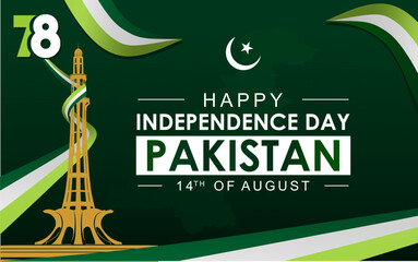 Pakistan Independence Day celebration event 14 August every year in Pakistan. best for card, poster, template, banner, happy Independence Day, with moon, star, waving ribbon and Pakistan minaret.