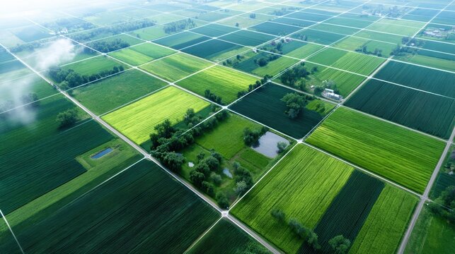 Aerial view of a rural landscape showing a patchwork of green agricultural fields divided by roads, with some trees and water bodies scattered throughout.