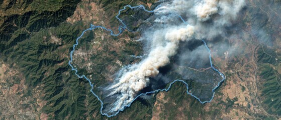 A satellite image showing a large wildfire burning through a forested mountainous area, producing thick smoke plumes spreading over the landscape.