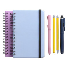A collection of colorful notebooks and pens arranged neatly. Perfect for students and writers looking to organize their ideas and notes creatively.