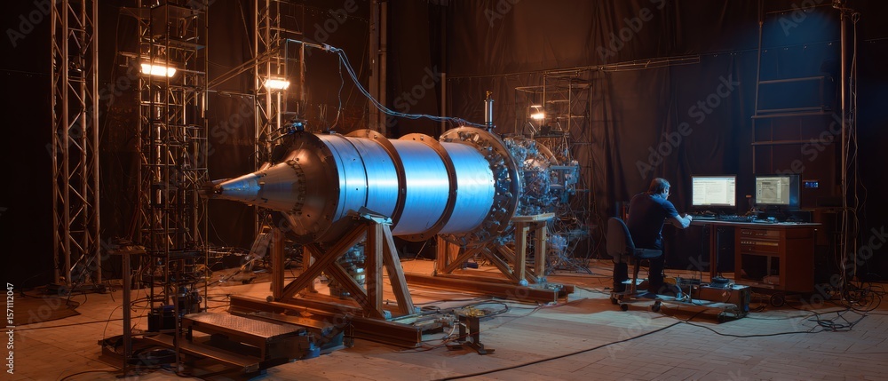 Poster a technician works at a computer analyzing a large metallic experimental jet engine inside an indust