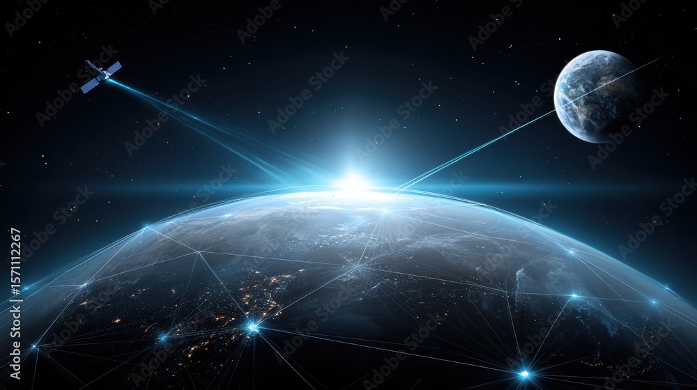 Poster a satellite orbits earth, transmitting signals across a networked planet with the moon visible in th