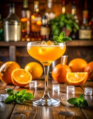 Zesty orange cocktail in a coupe glass with mint and ice, set on a bar counter with citrus fruits and tools — fresh garden bar vibes all around.