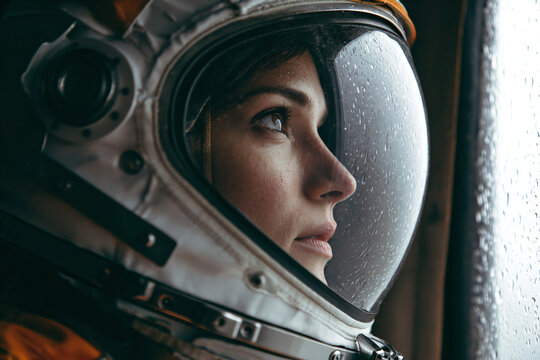 a woman in a space suit looking out a window