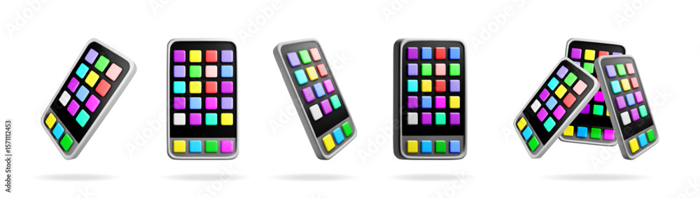Poster set of 3d smart phone mockup with colorful apps. mobile phone application concept. digital technolog