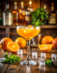 Zesty orange cocktail in a coupe glass with mint and ice, set on a bar counter with citrus fruits and tools — fresh garden bar vibes all around.