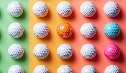 A grid of white golf balls, each one painted in different colors like orange, green, pink, or blue