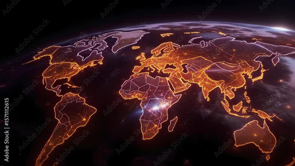 Poster illuminated global map of earth featuring network connections and data points