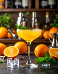 Zesty orange cocktail in a coupe glass with mint and ice, set on a bar counter with citrus fruits and tools — fresh garden bar vibes all around.