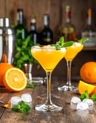 Zesty orange cocktail in a coupe glass with mint and ice, set on a bar counter with citrus fruits and tools — fresh garden bar vibes all around.