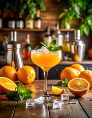 Zesty orange cocktail in a coupe glass with mint and ice, set on a bar counter with citrus fruits and tools — fresh garden bar vibes all around.