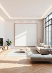 Frame mock-up in modern lounge zone interior 3d render Empty room interior design architecture blank design room