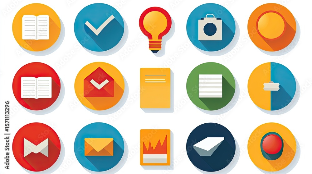 Poster colorful flat design icons with long shadows representing various concepts and ideas