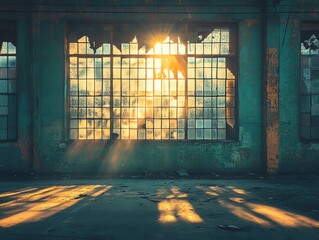 Sunlight Streaming Through Broken Factory Windows
