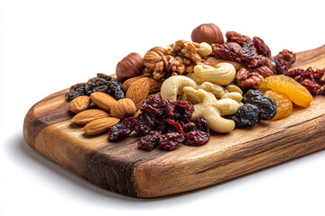 a wooden cutting board topped with nuts and dried fruit