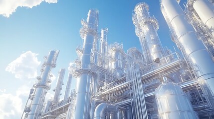 Modern chemical plant showcasing complex piping systems under a bright and clear sky