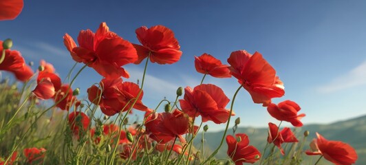 Obraz premium The vibrant red poppies blooming under a clear blue sky in nature.