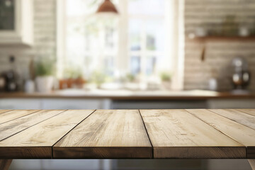 Wooden table on blurred kitchen bench background. Empty wooden table and blurred kitchen background