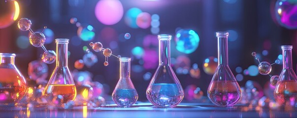 A holographic representation of chemical structures and atomic models floating above beakers filled 