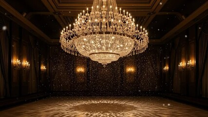 Elegant crystal chandelier illuminates a luxurious ballroom with golden light and particles. - Powered by Adobe