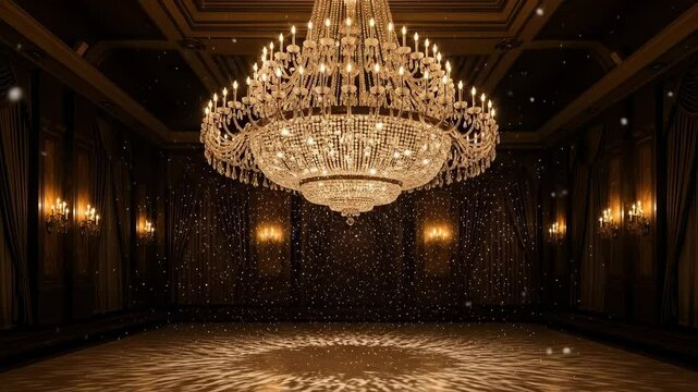 Elegant crystal chandelier illuminates a luxurious ballroom with golden light and particles.