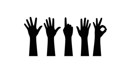 Obraz premium Silhouetted black hands in various positions conveying gestures of reaching giving and receiving on white background
