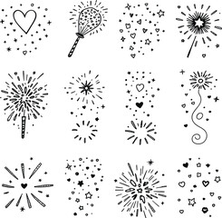 Obraz premium Sparked Wonder — Silhouette Icons of Festive Fireworks, Bursts, and Sparkles with Wand and Whimsical Elements