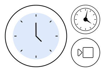 Analog wall clock with black hands, smaller clock, and video play icon. Ideal for time management, scheduling, productivity, media, communication, workflow and simple flat metaphor