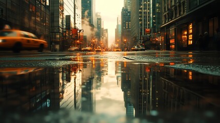 Wet City Street with Taxi Cabs in Downtown New York