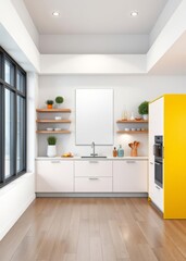 Mockup of a vertical poster on a kitchen wall modern colorful interior Empty room interior design architecture blank design room