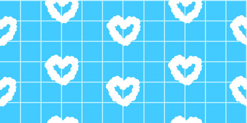 Seamless pattern of white heart-shaped clouds on a blue background with a grid overlay. Whimsical sky background, romantic cover for textiles, wallpapers, wrapping paper, backdrop, fabric.