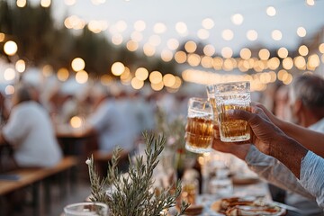 Cheers during an outdoor gathering, warm lights creating festive