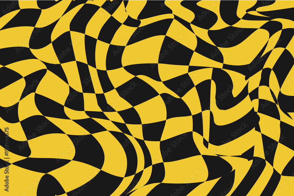 Poster wavy checkered illusion. high-resolution warped checkerboard pattern with a bold and dynamic optical