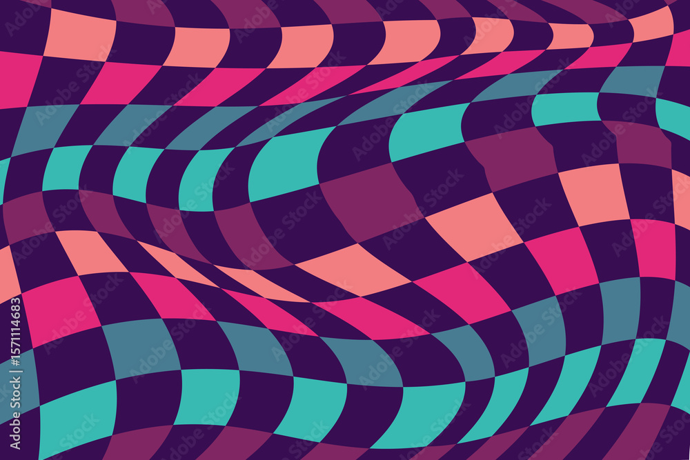 Poster vibrant distorted grid. high-resolution warped checkerboard pattern with a bold and dynamic optical 