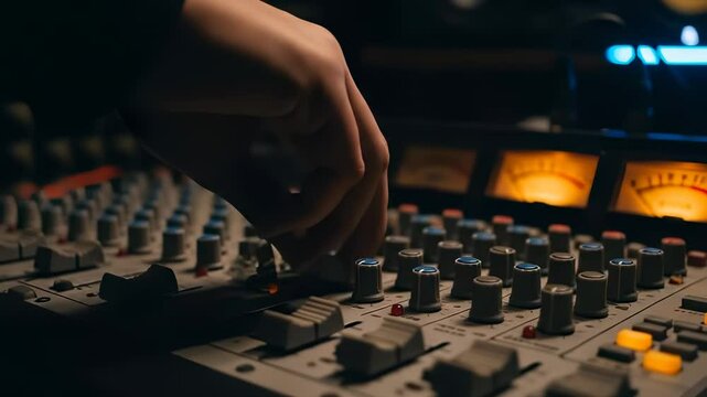 close-up shot shows a professional audio engineers hand adjusting faders and knobs on a sound mixing console in a dimly lit recording studio.