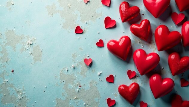 Romantic red hearts scattered on textured background for Valentine's Day decorations, Valentine's Day, textured