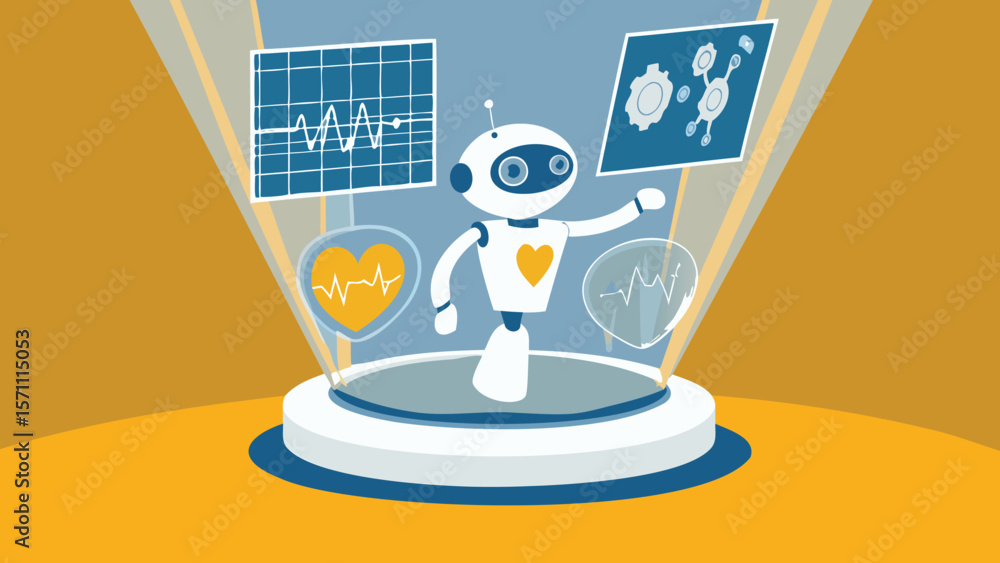 Aufkleber illustration of a cartoon robot with heart and data displays on a circular platform in a studio