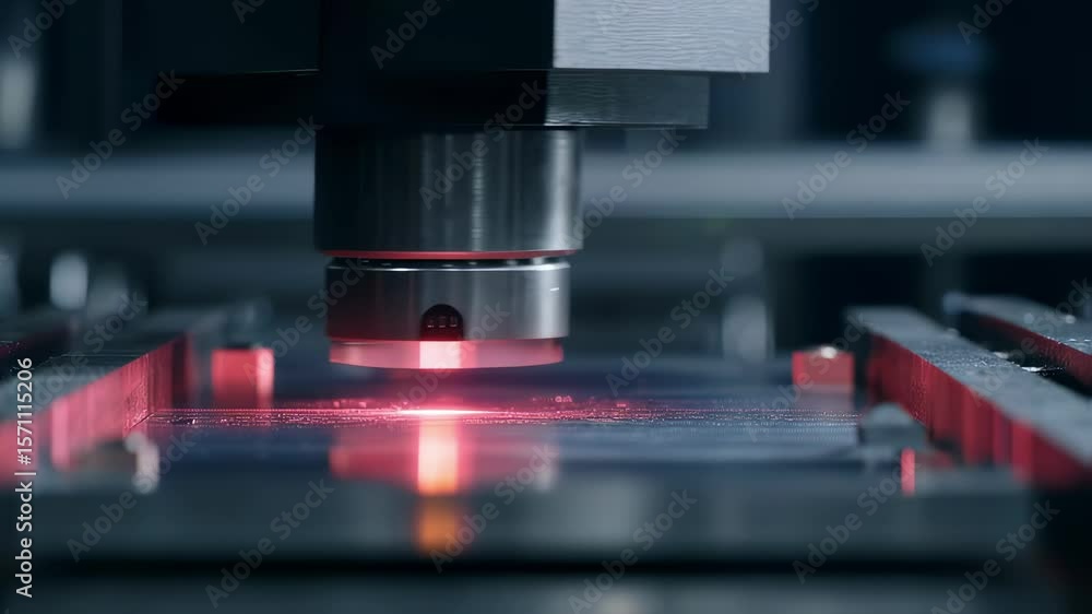 Poster industrial laser engraving machine processing intricate metal details in a factory, emitting a vibra