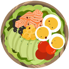 A flat illustration of a healthy salad bowl featuring raw salmon, avocado slices, boiled eggs, cherry tomatoes, and lettuce, ideal for diet and meal prep themes.