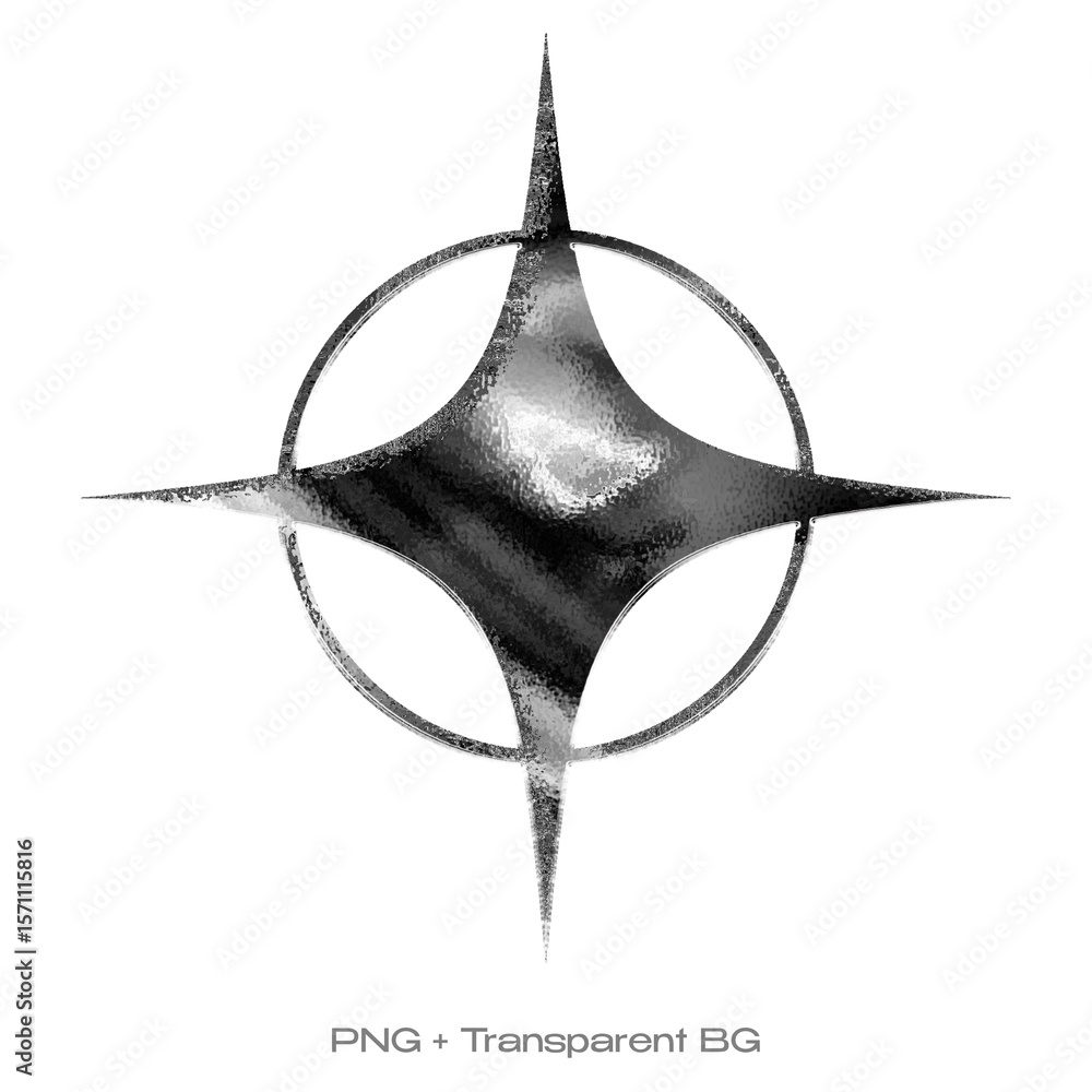 Poster glossy y2k-style chrome starburst in high-resolution png format with transparent background.