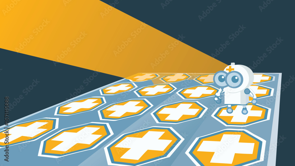 Poster cartoon robot standing on a platform with plus signs under a beam of light in a stylized setting