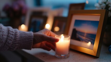 Candlelight creates a warm atmosphere as a hand places a lit candle next to framed pictures on a cozy table