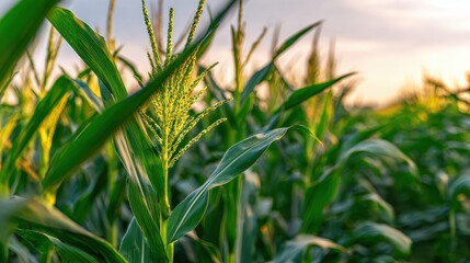 Fototapeta premium The vibrant corn plants thriving in a sunlit field during summer.