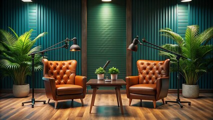 Teal Walled Podcast Studio Two Brown Leather Armchairs Dark Wood Table Tropical Plants teal walls green walls
