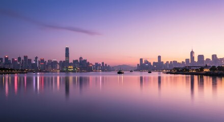 Naklejka premium Vibrant City Skyline at Twilight Reflected on Calm Water with Purple and Pink Hues